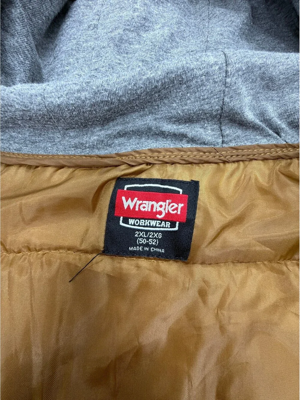 Wrangler Men's Workwear Vest Full Zip Hooded Pockets Canvas Size 2XL Brown